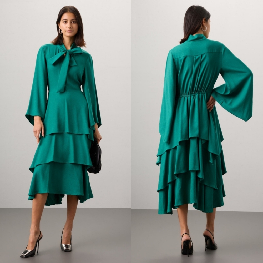 OSMAN YOUSEFZADA X RTR Bow Front Ruffle Tiered Dress 6.